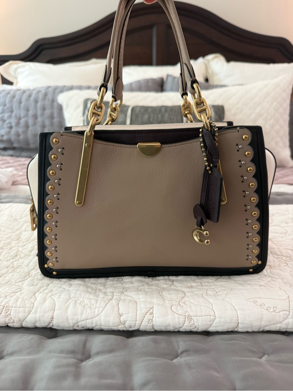 Coach Taupe and Black Leather Satchel with Gold Hardware